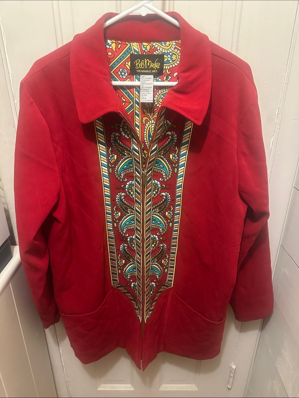 Bob Mackie Wearable Art Red Embroidered Zip-Front Trench Coat